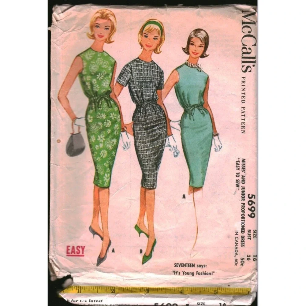 Vintage 1960 McCalls 5699 Sewing Pattern Misses Junior Sheath Dress Bust 36 Easy